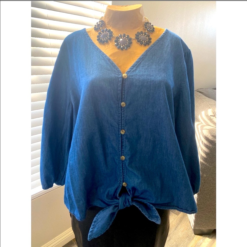 Chambray Tie Front Blue Blouse